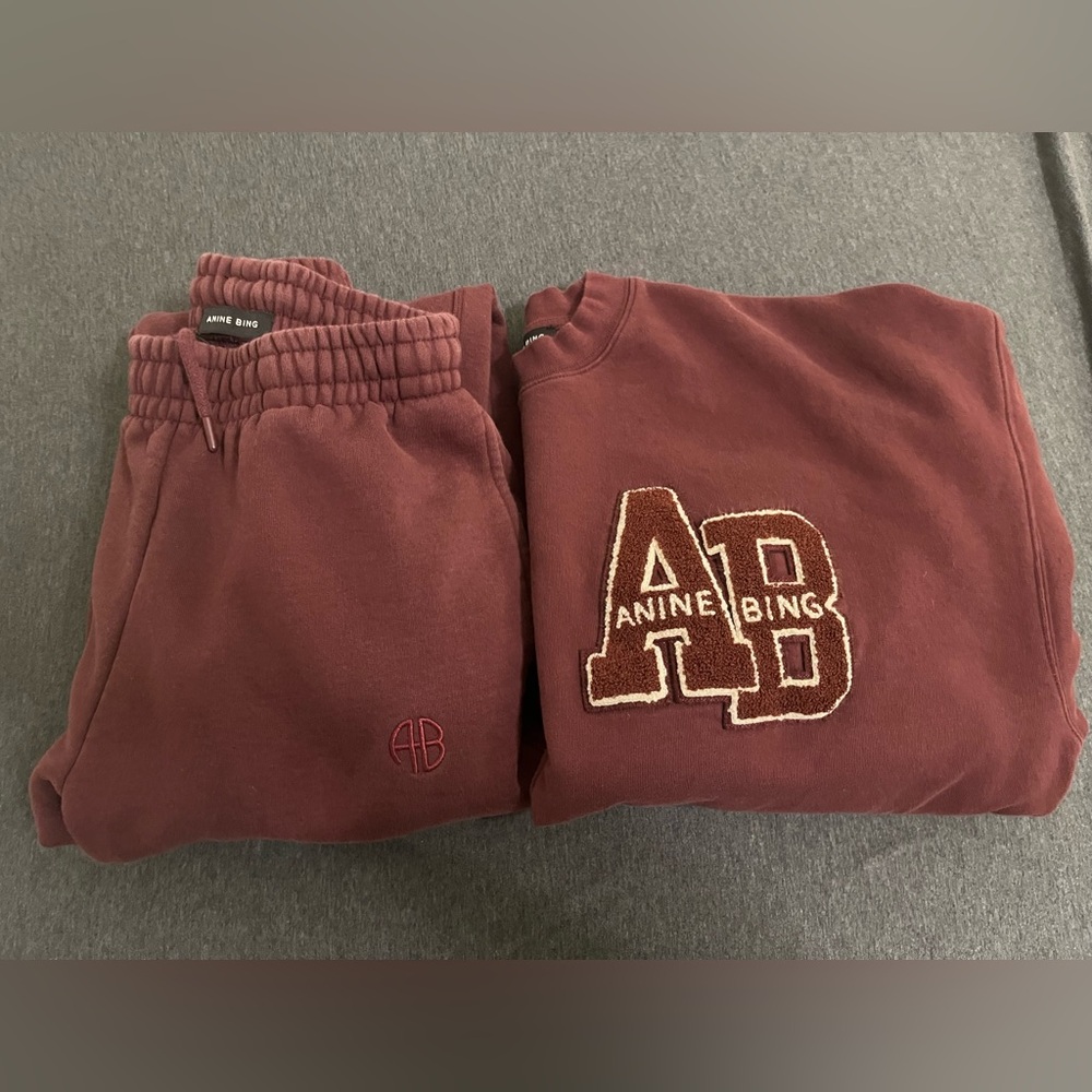 Anine Bing Miles Letterman Dark Burgundy Sweatshirt and Joggers Set